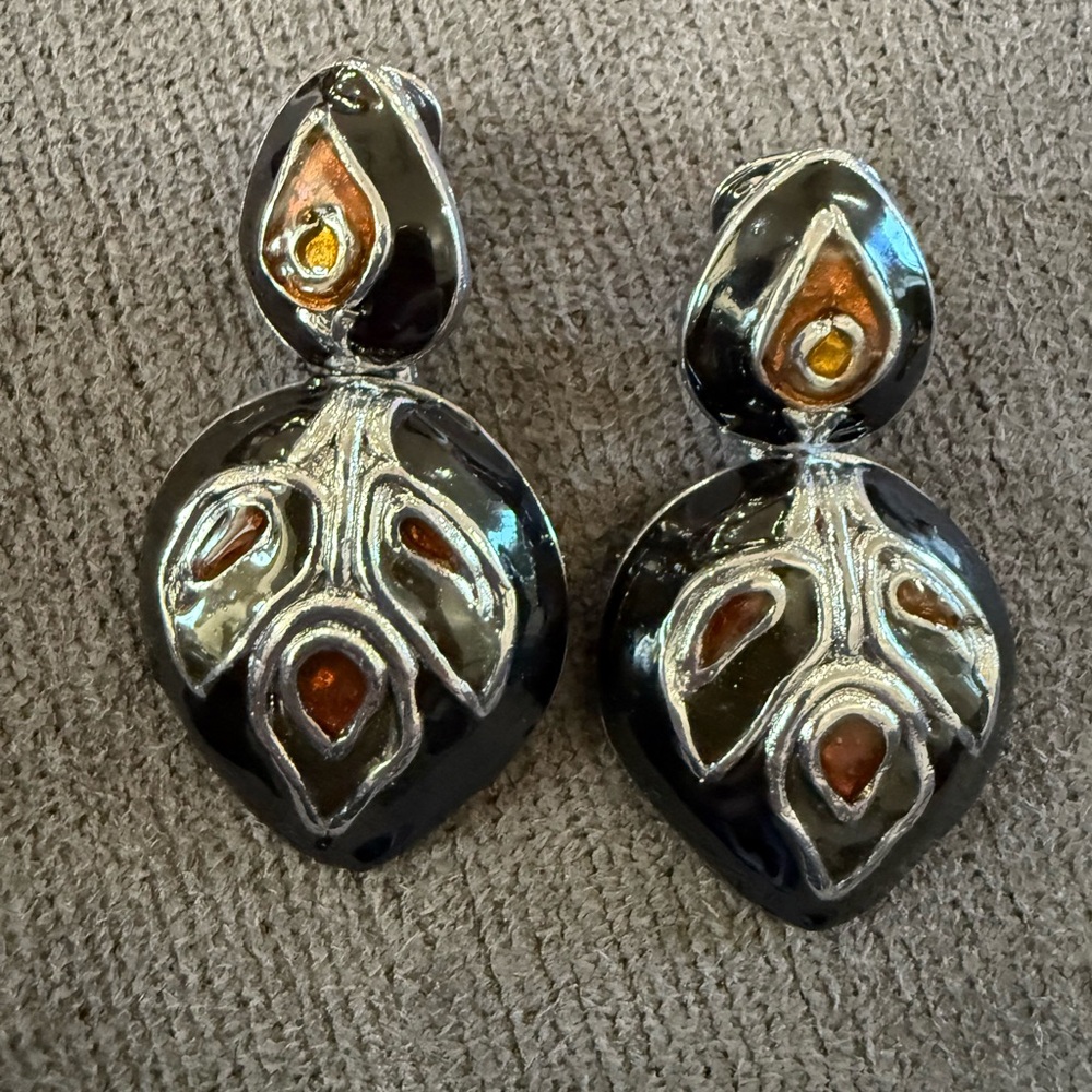 Don Lin Vintage Enamel Dangle Earrings Clip‎ Ons Art Nouveau-inspired Black